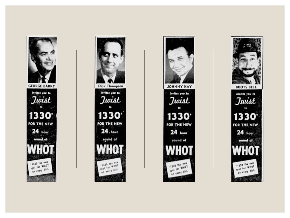 Reproduction of 1963 newspaper ads for WHOT 1330 AM